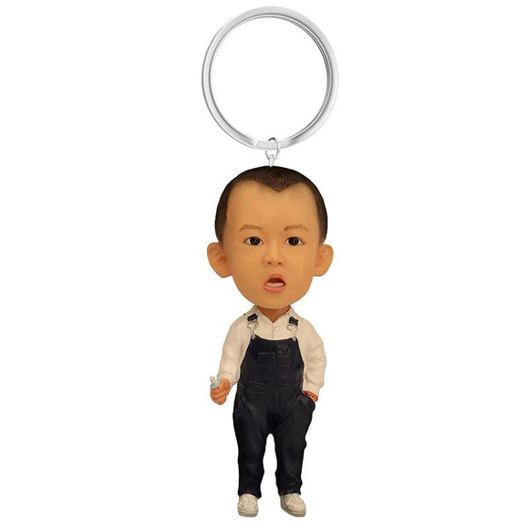 Custom Bobblehead little boy with custom overalls with custom keychain with engraved text
