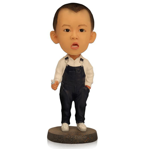 Custom Bobblehead Little Boy With Custom Overalls With Embossed Text