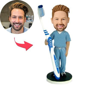 Custom Bobblehead Male Dentist With Customized Toothbrush With Engraved Text