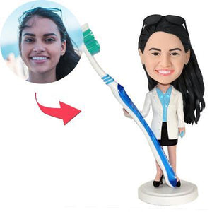 Custom Bobblehead Female Dentist With Customized Toothbrush With Embossed Text