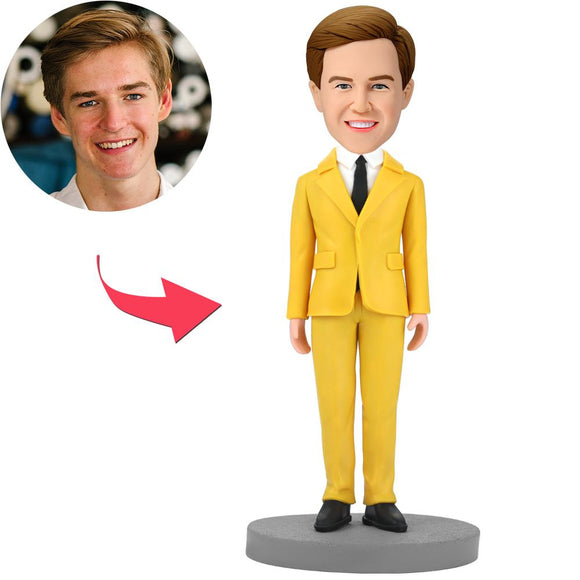 Custom Modern Man's Bobblehead In Yellow Custom Made Suit With Embossed Text