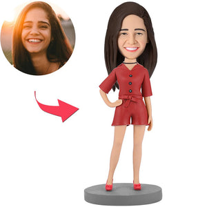 Custom Bobblehead Modern Pretty Girl In Custom Made Red Suit With Embossed Text