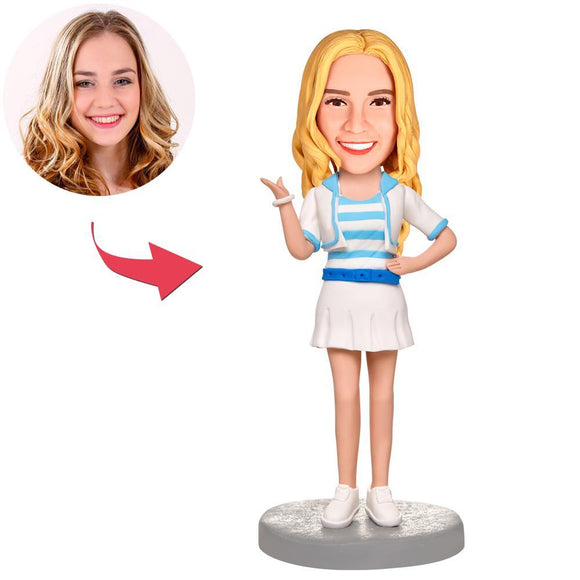 Fashion Girl in a Custom Bobblehead Dress with Engraved Text