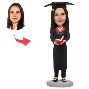 Female Graduate With Red Book Custom Bobblehead With Engraved Text