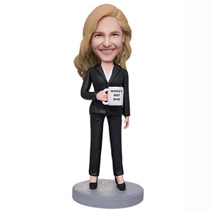 Business Gift World's Best Boss Business Woman Holding A Water Glass Custom Bobblehead With Engraved Text