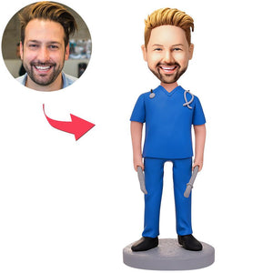 Male Doctor Holding a Custom Bobblehead Tools With Text Engraved