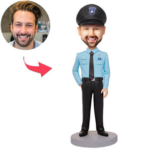 Cop in a custom blue police Bobblehead costume with text engraved