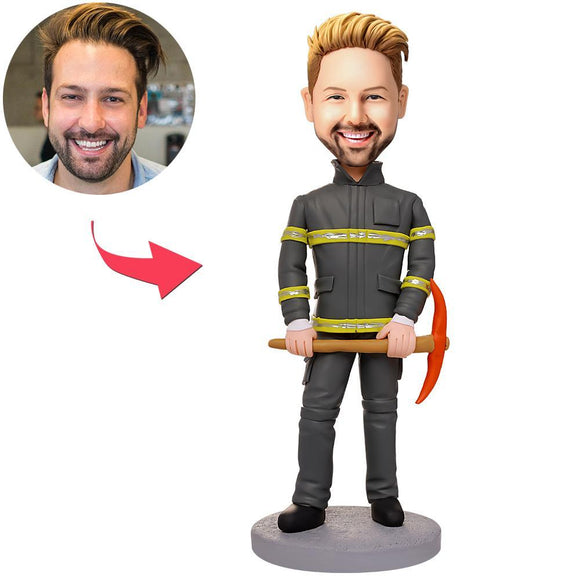 Fireman holding Bobblehead custom tools with engraved text