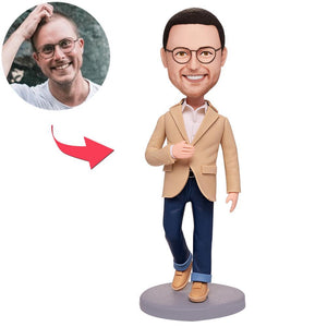 Wear Yellowish Brown Clothes Modern Man Custom Bobblehead With Engraved Text