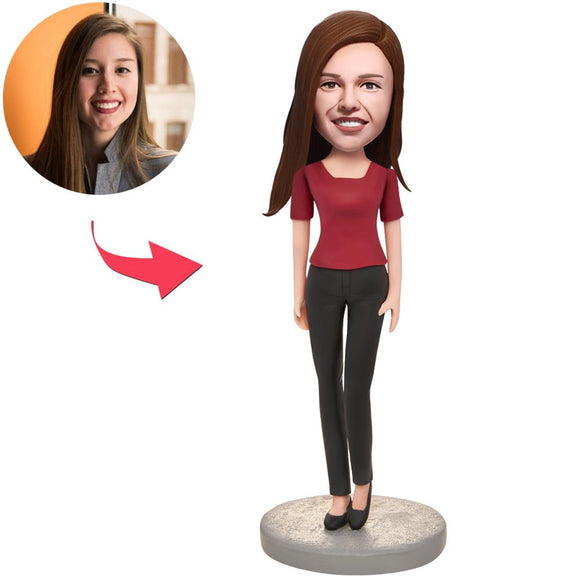 Woman Wearing a Red T-shirt Custom Bobblehead With Engraved Text