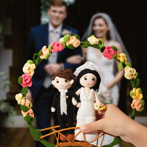 Custom Crochet Doll Personalized Gifts Handmade Mini Look alike Dolls Wedding Couple with Flower Circle - bestcustombobbleheads