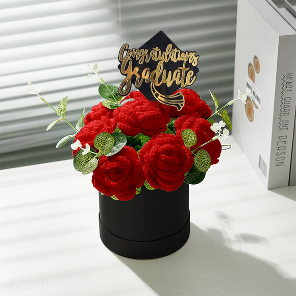 Crochet Flowers Bouquet Handmade Knitted Roses Hug Bucket Birthday Graduation Gift Box - bestcustombobbleheads